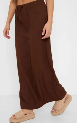 Chocolate Linen Look Drawstring Waist Midaxi Skirt