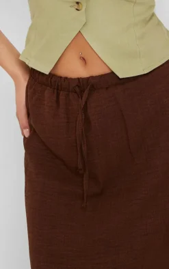 Chocolate Linen Look Drawstring Waist Midaxi Skirt