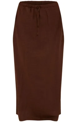 Chocolate Linen Look Drawstring Waist Midaxi Skirt