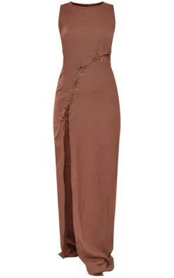 Chocolate Linen Look Lace Up Eyelet Detail Maxi Dress