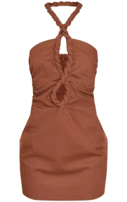 Chocolate Linen Look Plait Detail Bodycon Dress