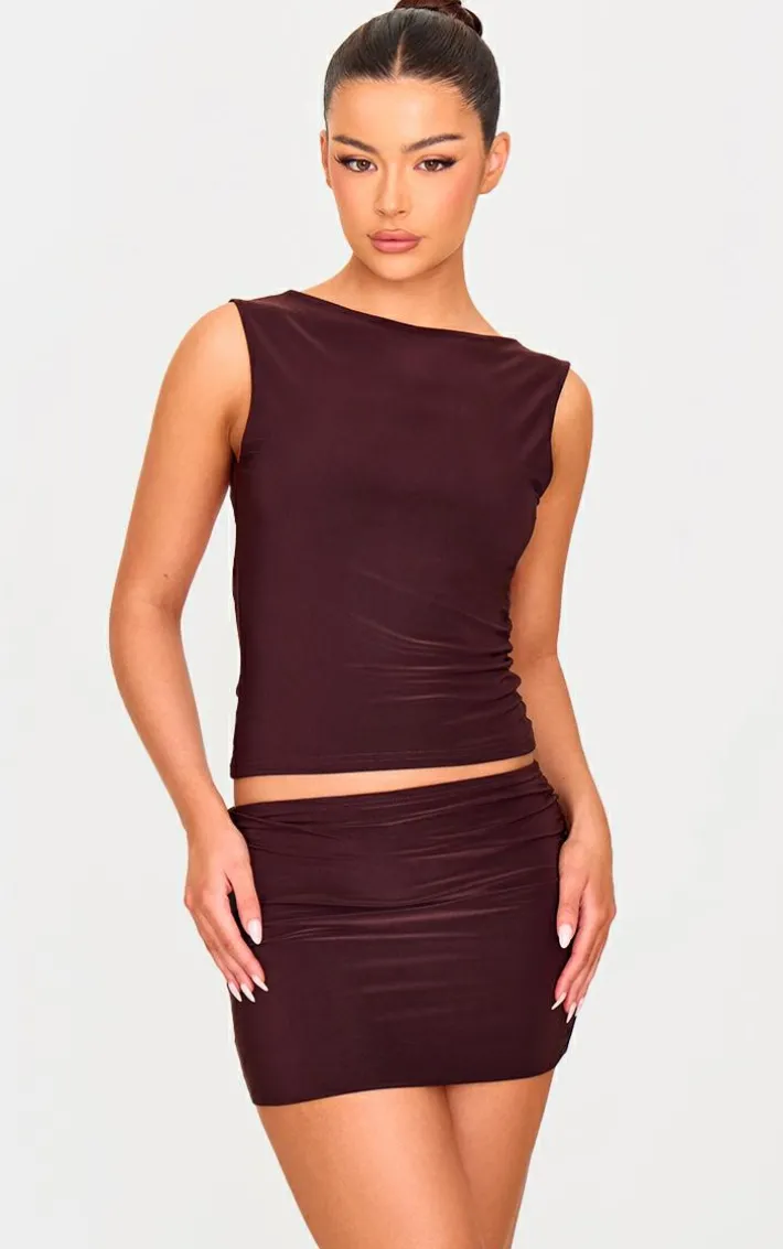 Chocolate Low Rise Slinky Micro Mini Skirt