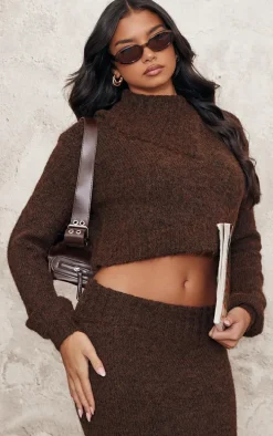 Chocolate Marl Knit Asymmetric Overlay Oversized Sweater