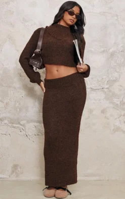 Chocolate Marl Knit Foldover Maxi Skirt