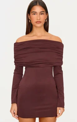 Chocolate Matte Sculpt Double Layer Foldover Bardot Long Sleeve Mini Dress