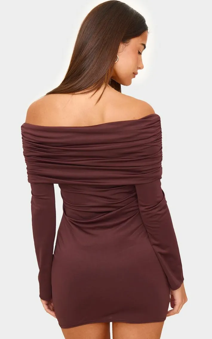Chocolate Matte Sculpt Double Layer Foldover Bardot Long Sleeve Mini Dress