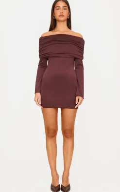 Chocolate Matte Sculpt Double Layer Foldover Bardot Long Sleeve Mini Dress