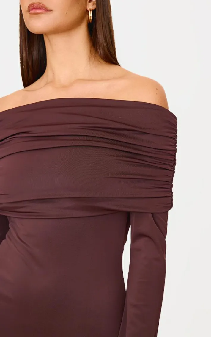 Chocolate Matte Sculpt Double Layer Foldover Bardot Long Sleeve Mini Dress
