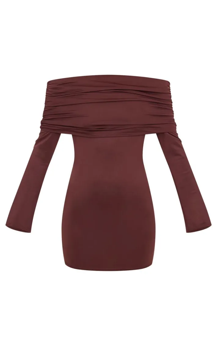 Chocolate Matte Sculpt Double Layer Foldover Bardot Long Sleeve Mini Dress