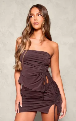 Chocolate Matte Touch Ruched Side Mini Skirt