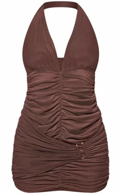 Chocolate Mesh Halterneck Ruched Bodycon Dress