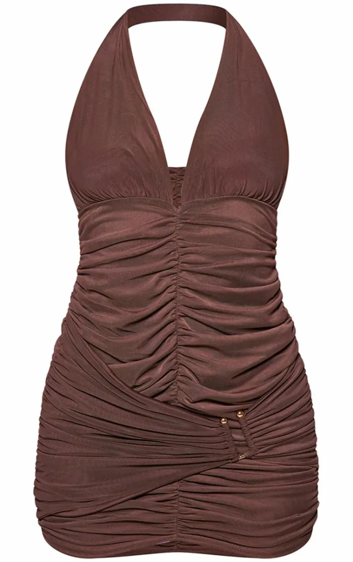 Chocolate Mesh Halterneck Ruched Bodycon Dress