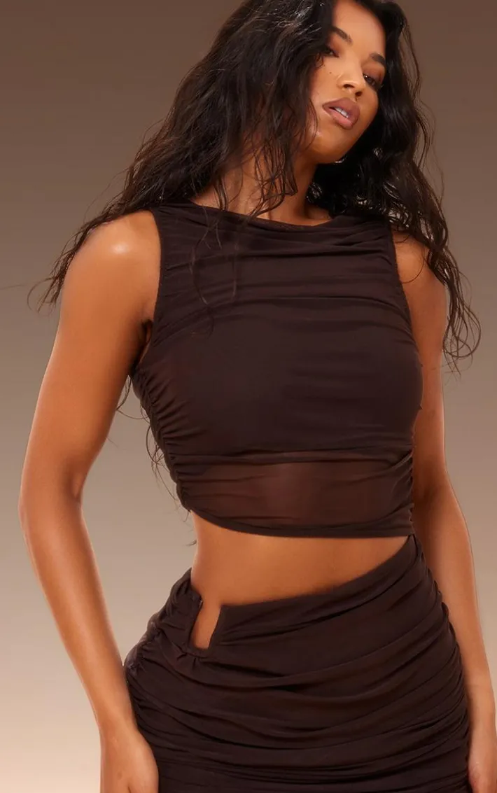 Chocolate Mesh High Neck Cut Out Mini Dress