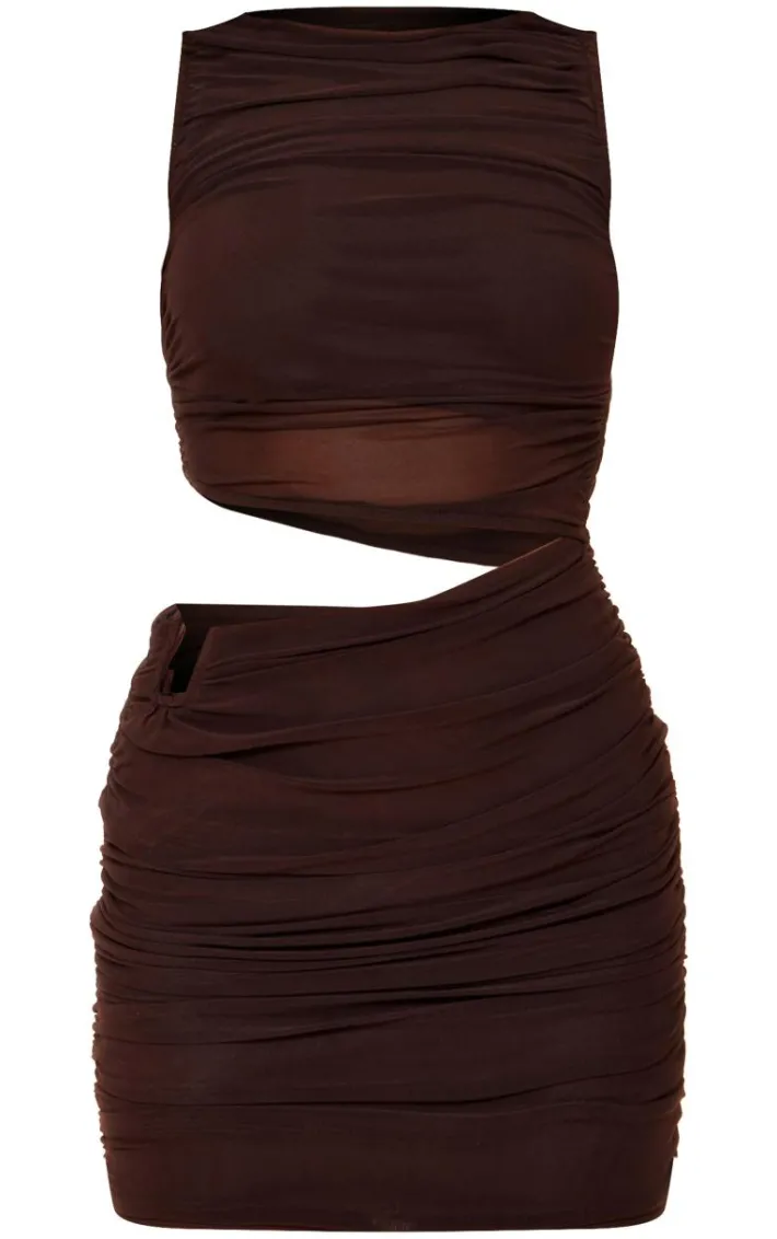 Chocolate Mesh High Neck Cut Out Mini Dress