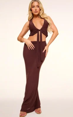 Chocolate Mesh Plunge Ruched Long Top