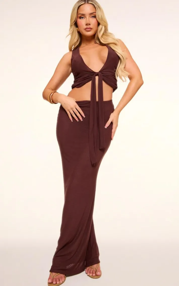 Chocolate Mesh Plunge Ruched Long Top