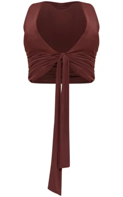 Chocolate Mesh Plunge Ruched Long Top