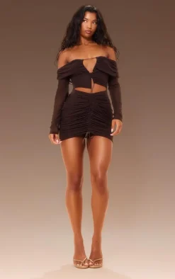 Chocolate Mesh Ruched Off Bardot Mini Dress