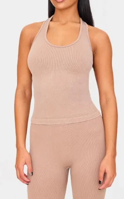 Chocolate Mocha Acid Wash Seamless Rib Halter Neck Gym Top