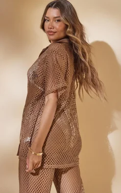 Chocolate Net Oversized Short Sleeve Beach Shirt