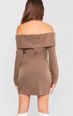 Chocolate Off Shoulder Button Front Shift Blazer Dress