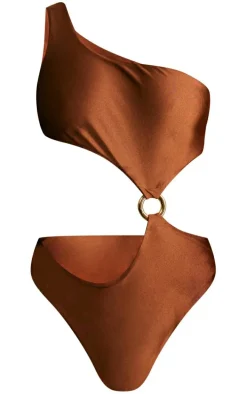 Chocolate One Shoulder O Ring Cut Out Swimsuit