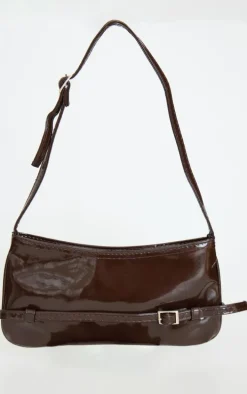 Chocolate Patent Pu Buckle Baguette Shoulder Bag