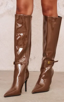Chocolate Patent PU Wide Fit Point Toe Knee High Stiletto Heeled Boots