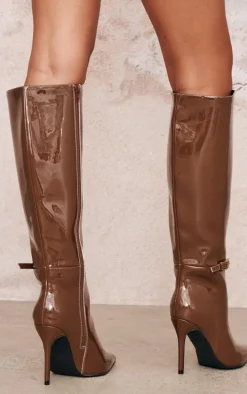 Chocolate Patent PU Wide Fit Point Toe Knee High Stiletto Heeled Boots