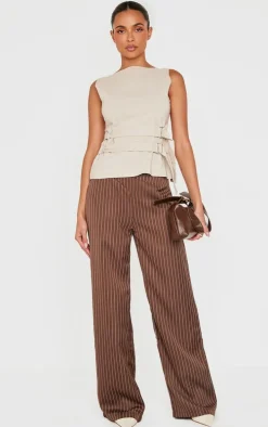 Chocolate Pinstripe Dipped Waist Straight Leg Pants