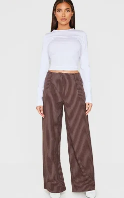 Chocolate Pinstripe Double Waistband Detail Tailored Pants