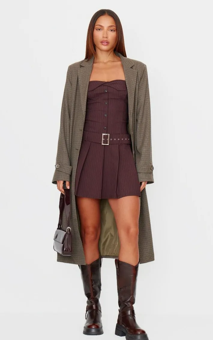 Chocolate Pinstripe Tailored Bandeau Belt Pleated Shift Dress