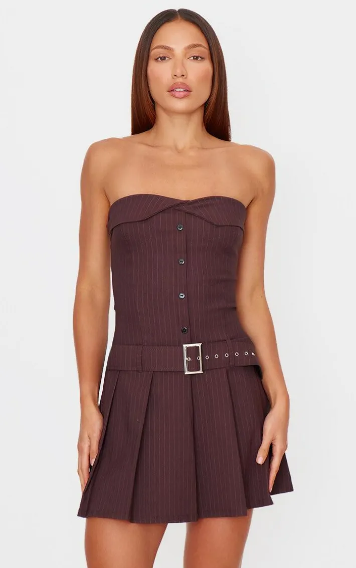 Chocolate Pinstripe Tailored Bandeau Belt Pleated Shift Dress