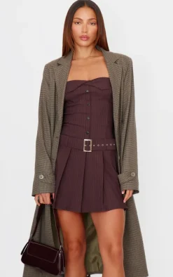 Chocolate Pinstripe Tailored Bandeau Belt Pleated Shift Dress