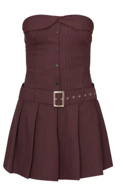 Chocolate Pinstripe Tailored Bandeau Belt Pleated Shift Dress