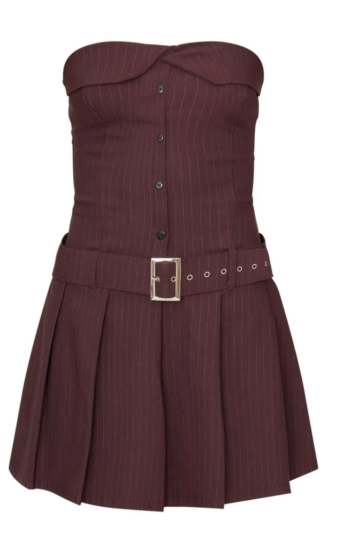 Chocolate Pinstripe Tailored Bandeau Belt Pleated Shift Dress