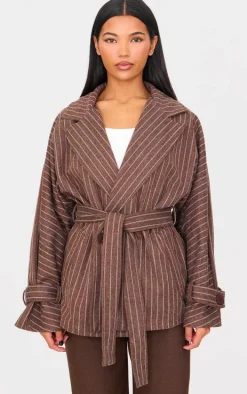 Chocolate Pinstripe Tie Waist Trench Coat