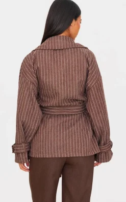 Chocolate Pinstripe Tie Waist Trench Coat