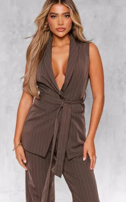 Chocolate Pinstripe Woven Tailored Belted Waist Coat