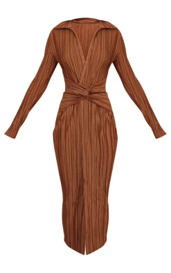 Chocolate Plisse Collar Detail Twist Midaxi Dress