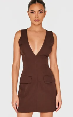 Chocolate Plunge Pocket Detail Mini Dress
