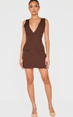 Chocolate Plunge Pocket Detail Mini Dress