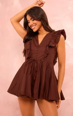 Chocolate Poplin Button Detail Flare Short Romper