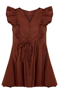 Chocolate Poplin Button Detail Flare Short Romper