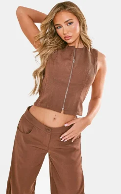 Chocolate Premium Woven Zip Up Detail Sleeveless Top