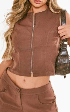 Chocolate Premium Woven Zip Up Detail Sleeveless Top