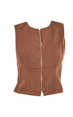 Chocolate Premium Woven Zip Up Detail Sleeveless Top