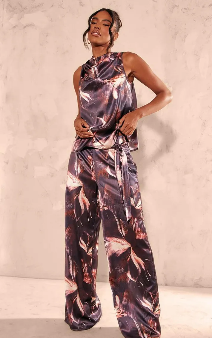 Chocolate Printed Satin Open Back Longline Top