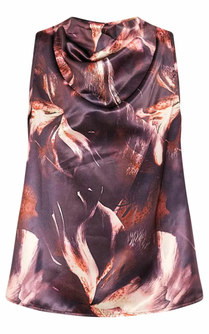 Chocolate Printed Satin Open Back Longline Top