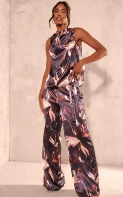 Chocolate Printed Satin Tailored Belted Wide Leg Pants